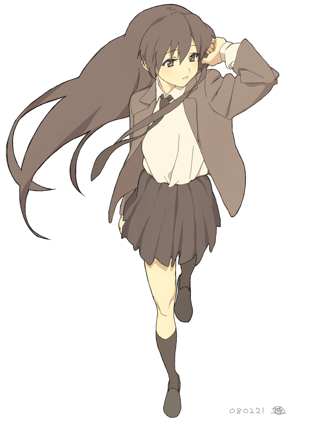 hakuto (artist), hiro (dismaless), original, bad id, bad pixiv id, 1girl, adjusting hair, black necktie, black socks, blouse, brown eyes, brown hair, collared shirt, female focus, long hair, necktie, shirt, shirt tucked in, simple background, skirt, socks, solo, walking, white background, white shirt, wind