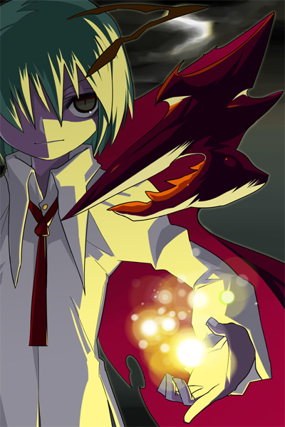 tsuru (artist), tsuru (clainman), wriggle nightbug, touhou, bad id, bad pixiv id, 1girl, antennae, bug, cape, female focus, fireflies, firefly, green eyes, green hair, hair over one eye, matching hair/eyes, solo