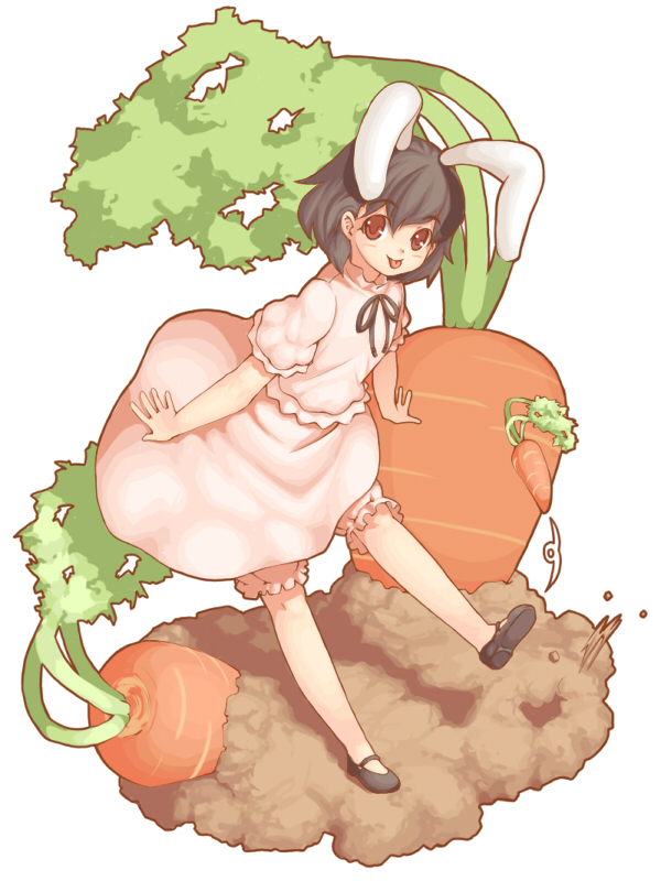 sajipen, inaba tewi, touhou, 1girl, :p, animal ears, black hair, brown eyes, carrot, female focus, full body, plant, rabbit ears, short hair, simple background, solo, tongue, tongue out, white background