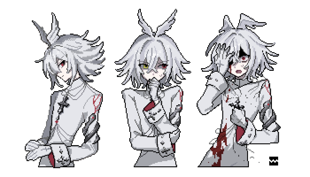 extraspiky, original, 1boy, blood, blood on clothes, blood on face, closed mouth, coat, gloves, hand on own face, heterochromia, jaggy lines, long sleeves, looking at viewer, multiple views, oekaki, open mouth, pixel art, red eyes, short hair, simple background, transparent background, upper body, white background, white gloves, white hair, wings, yellow eyes