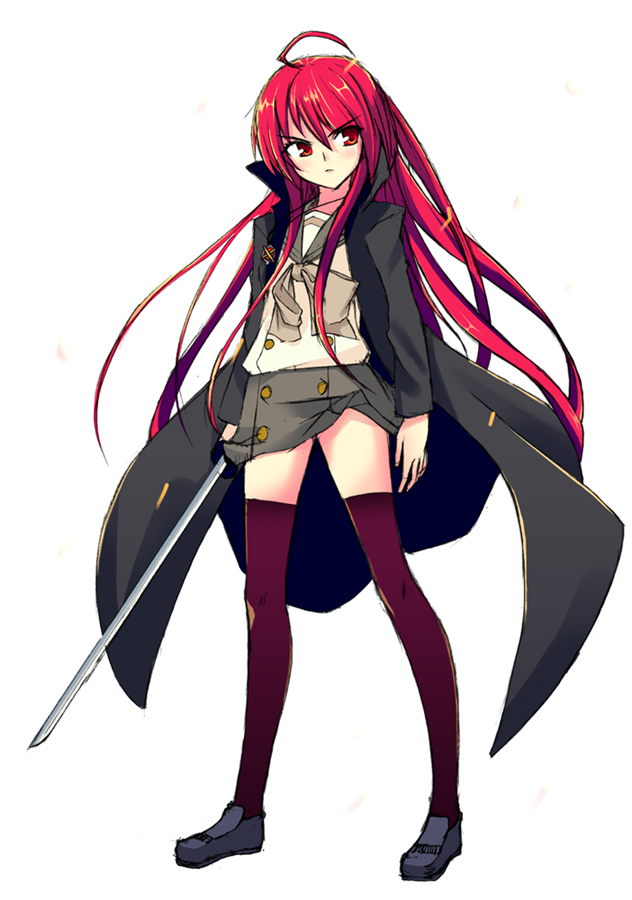 gin (ginshari), alastor (shakugan no shana), shana, shakugan no shana, bad id, bad pixiv id, 00s, 1girl, coat, female focus, jewelry, katana, legs, long legs, pendant, red hair, school uniform, serafuku, solo, sword, thighhighs, weapon, zettai ryouiki