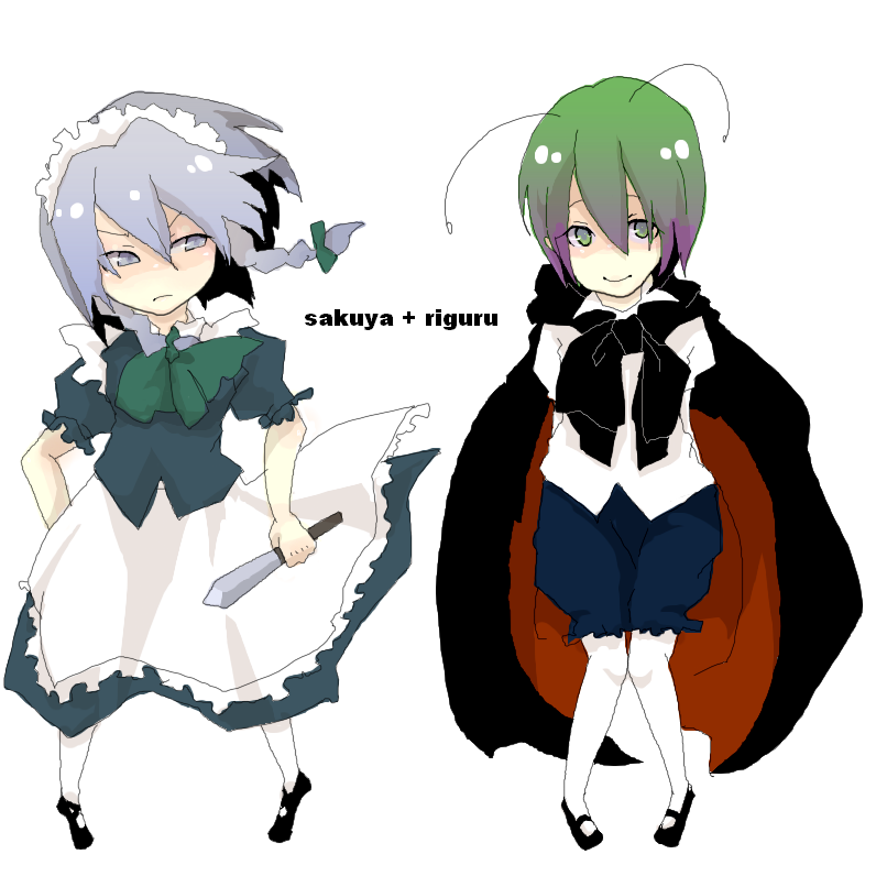 nikiro, izayoi sakuya, wriggle nightbug, touhou, white legwear, bad id, bad pixiv id, 2girls, antennae, braid, cape, character name, female focus, full body, green hair, grey eyes, hair between eyes, hand on own hip, knees together feet apart, knife, multiple girls, pantyhose, simple background, twin braids, white background, white hair