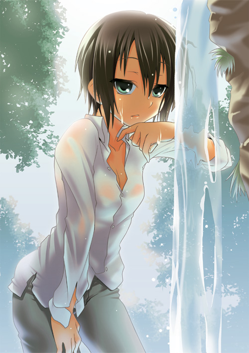 nilitsu, kino (kino no tabi), kino no tabi, 00s, 1girl, androgynous, black hair, blouse, blue eyes, breasts, cleavage, day, female focus, nilitu, outdoors, reverse trap, shirt, short hair, solo, wet, wet clothes, white shirt