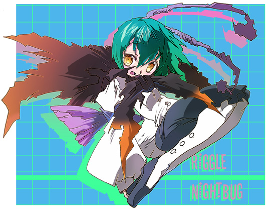 mura kuroe, wriggle nightbug, touhou, bad id, bad pixiv id, 1girl, antennae, cape, female focus, green hair, pantyhose, solo, yellow eyes