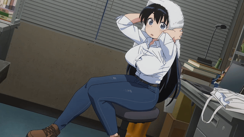 arato nagi, ruri no houseki, animated, animated gif, tagme, 1girl, 2025, 20s, bag, black hair, blue pants, boots, bra, bra visible through clothes, breasts, brown boots, chair, collared shirt, denim, grey eyes, jeans, large breasts, long hair, long sleeves, looking at viewer, office, office chair, open mouth, pants, see-through clothes, shirt, sidelocks, sitting, swivel chair, towel, underwear, wet, wet clothes, wet shirt, white bra, white shirt, window, window blinds