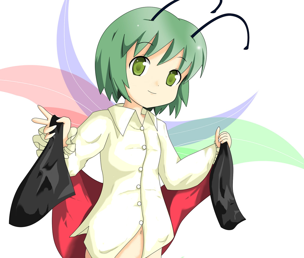 adda, wriggle nightbug, touhou, 1girl, antennae, female focus, green eyes, green hair, matching hair/eyes, no panties, short hair, solo