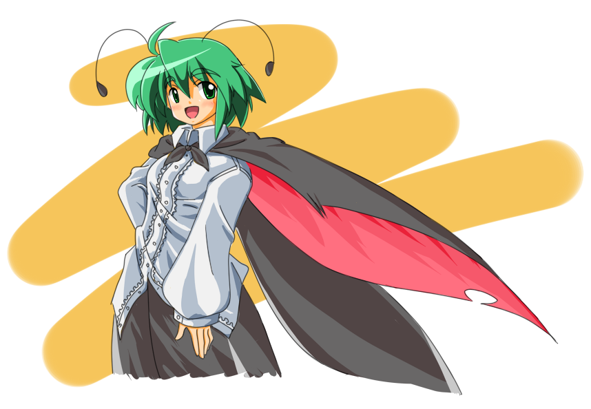 nagi (pixiv119941), wriggle nightbug, touhou, 1girl, antennae, cape, female focus, green eyes, green hair, matching hair/eyes, solo