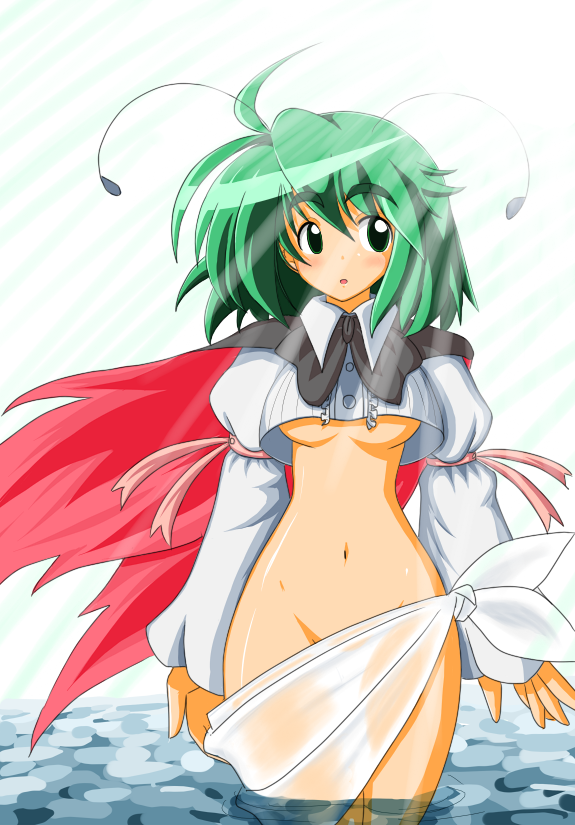 nagi (pixiv119941), wriggle nightbug, touhou, eyebrows, looking away, 1girl, :o, aged up, ahoge, antennae, arthropod girl, black eyes, bottomless, breasts, cape, female focus, green hair, groin, hip focus, light rays, navel, shiny skin, solo, standing, sunbeam, sunlight, underboob, water, wide hips
