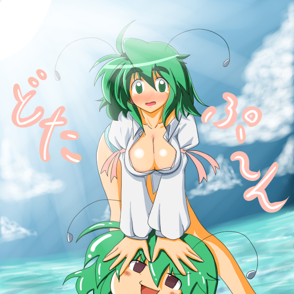 nagi (pixiv119941), wriggle nightbug, touhou, eyebrows, 1girl, aged up, antennae, breasts, cleavage, female focus, green eyes, green hair, large breasts, matching hair/eyes, solo, yukkuri shiteitte ne