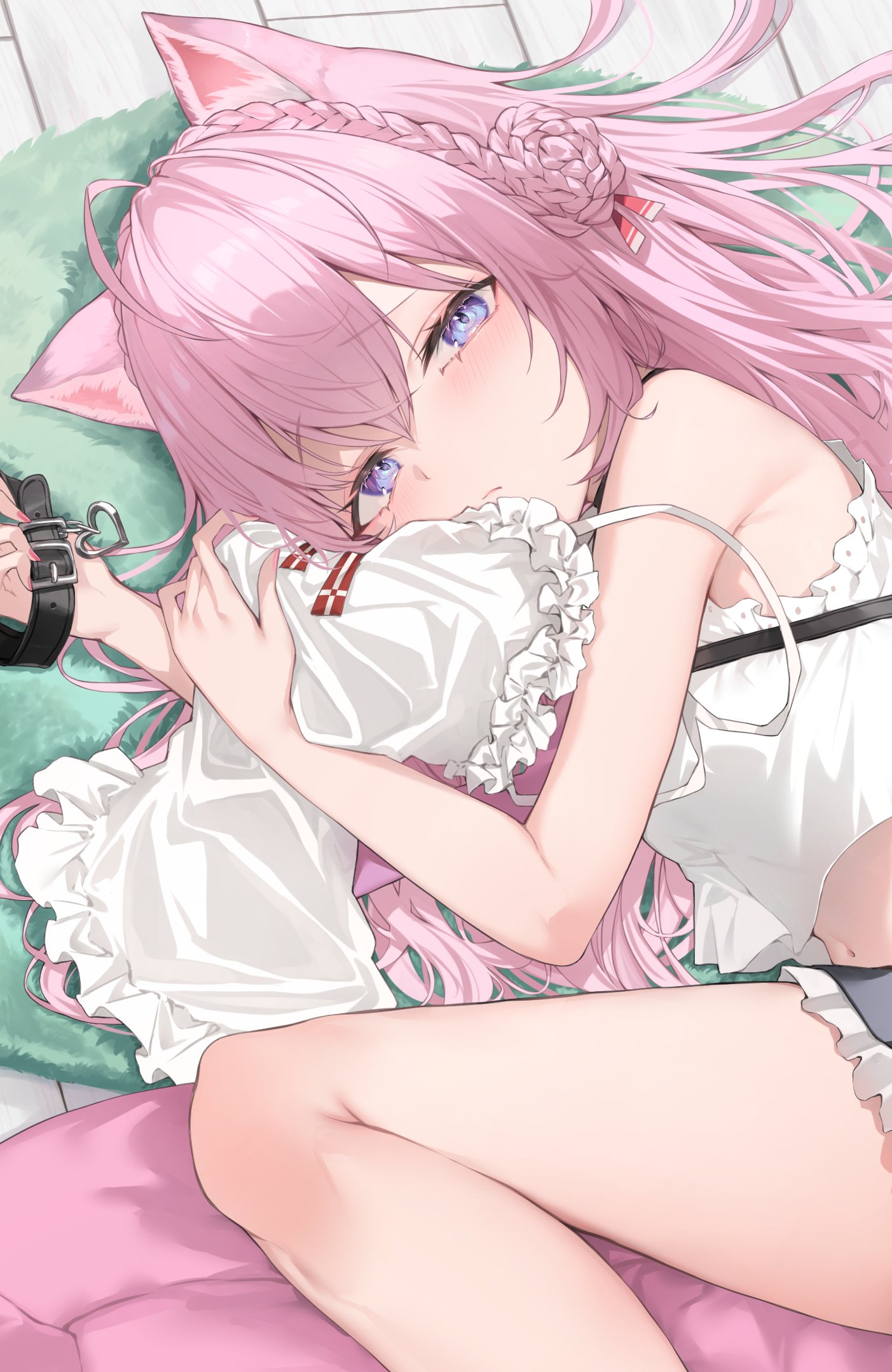 koyokurosuki, hakui koyori, hololive, original, highres, 1girl, animal ear fluff, animal ears, blush, closed mouth, frills, long hair, looking at viewer, lying, navel, on side, pink hair, purple eyes, shirt, shorts, solo, strap slip, virtual youtuber, white shirt, wolf ears, wolf girl