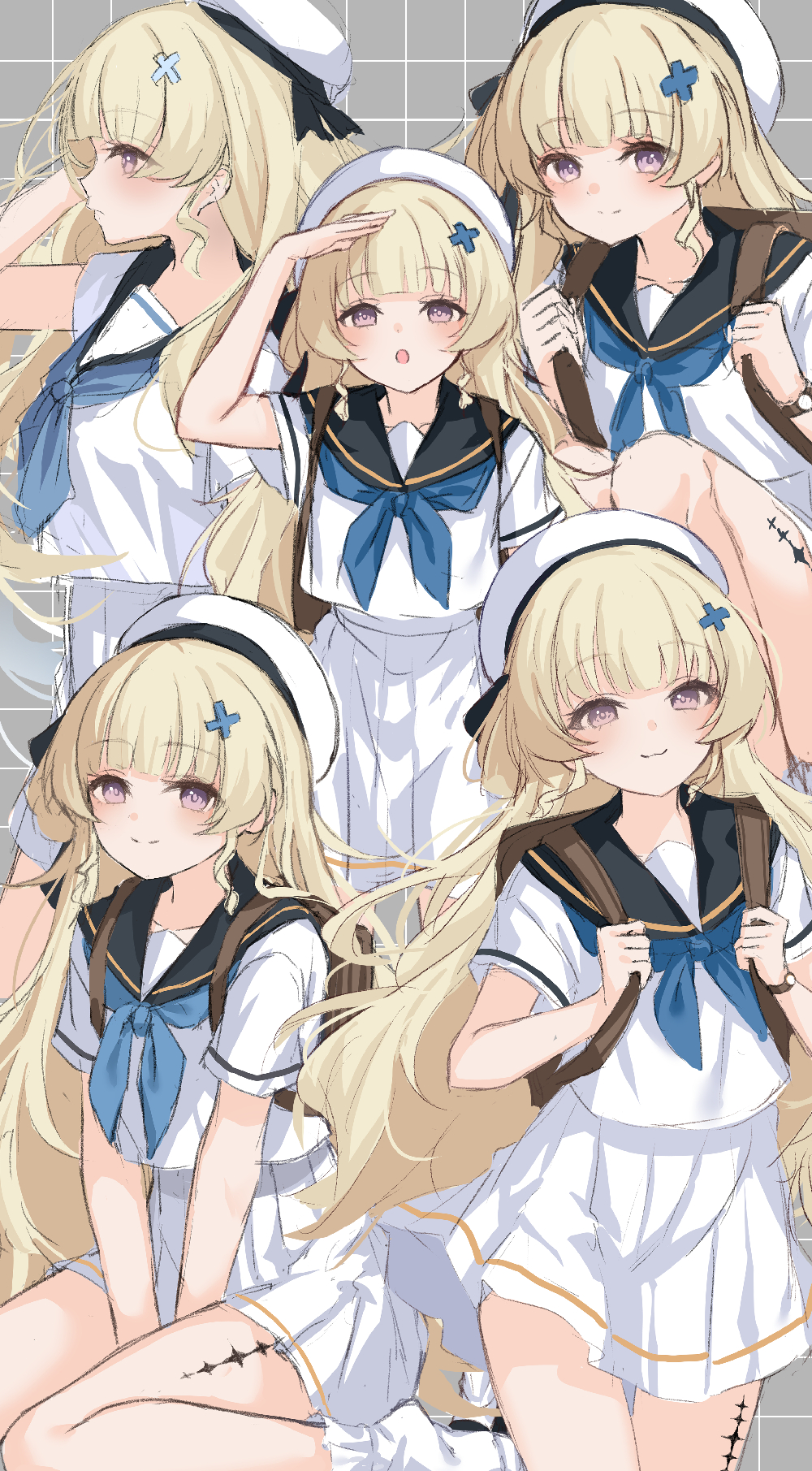 kuramoto beta-carotene, phoebe (wuthering waves), wuthering waves, commentary request, highres, 1girl, :o, alternate costume, backpack, bag, black sailor collar, blonde hair, blue neckerchief, brown bag, closed mouth, collarbone, grey background, grid background, hair ornament, hand up, hat, light blush, long hair, looking at viewer, multiple views, neckerchief, open mouth, purple eyes, sailor collar, school bag, school uniform, serafuku, shirt, short sleeves, simple background, skirt, smile, tacet mark (wuthering waves), very long hair, white hat, white shirt, white skirt, x hair ornament