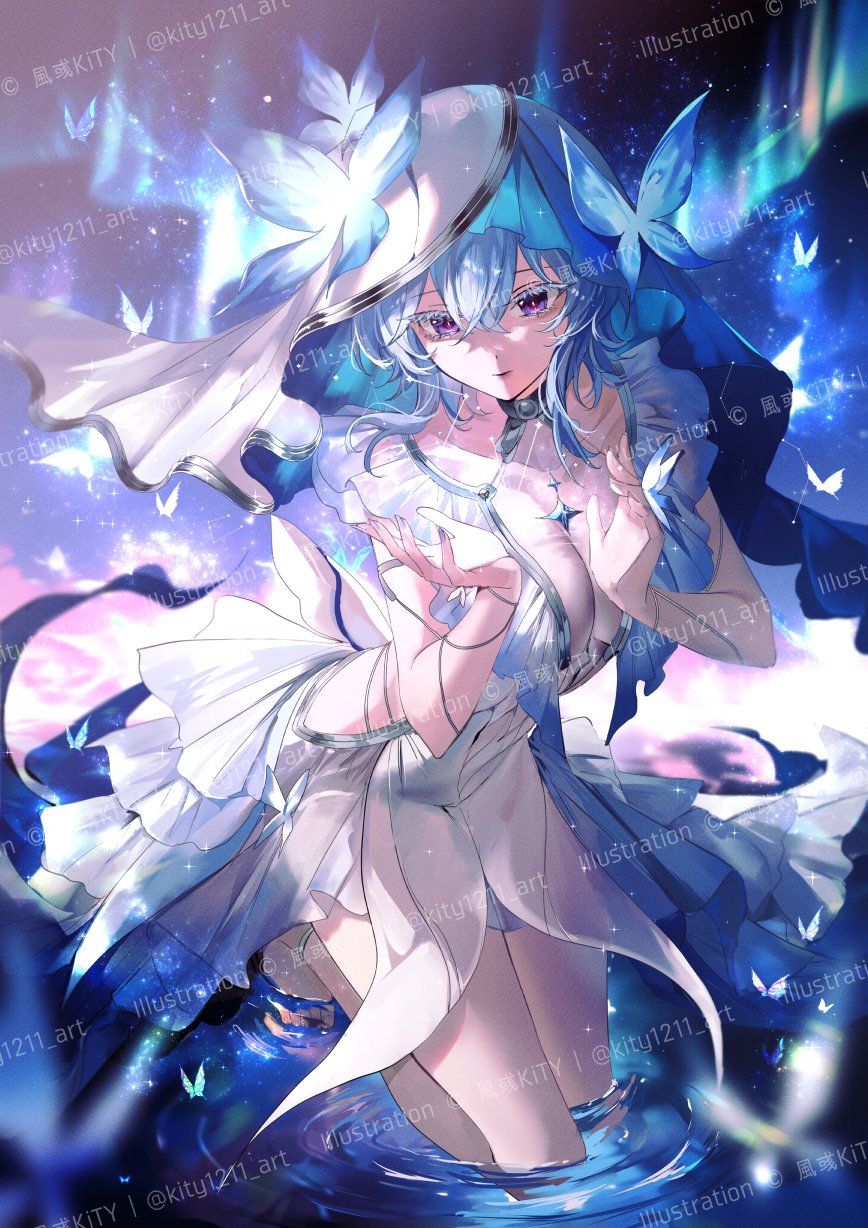 kity1211 tetsu, shorekeeper (wuthering waves), wuthering waves, commentary, highres, 1girl, armlet, blue butterfly, blue hair, blue nails, blue veil, breasts, bug, butterfly, closed mouth, colored eyelashes, dress, fingernails, hair between eyes, hands up, insect, jewelry, kneeling, long hair, medium breasts, nail polish, parted lips, purple eyes, ripples, sleeveless, sleeveless dress, smile, solo, two-tone veil, veil, water, watermark, white dress, white veil