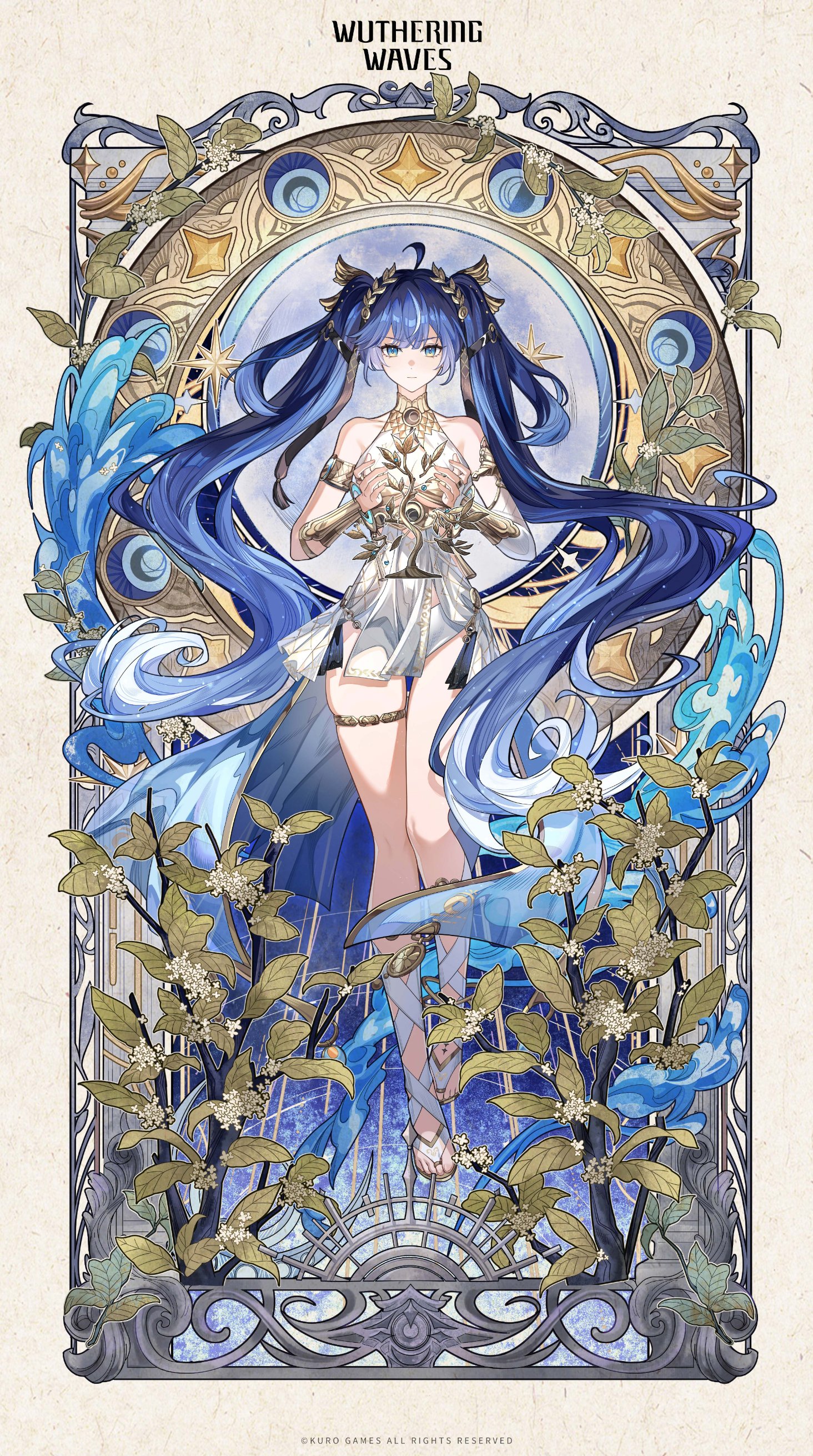 iuno (wuthering waves), wuthering waves, absurdres, commentary, english commentary, highres, official art, 1girl, ahoge, ancient greek clothes, armlet, bare shoulders, blue eyes, blue hair, breasts, closed mouth, copyright notice, full body, gladiator sandals, gold bra, gradient hair, greco-roman clothes, hair belt, hands up, head wreath, jewelry, logo, long hair, looking at viewer, medium breasts, multicolored hair, sandals, solo, straight-on, streaked hair, tacet mark (wuthering waves), thighlet, thighs, toes, twintails, very long hair