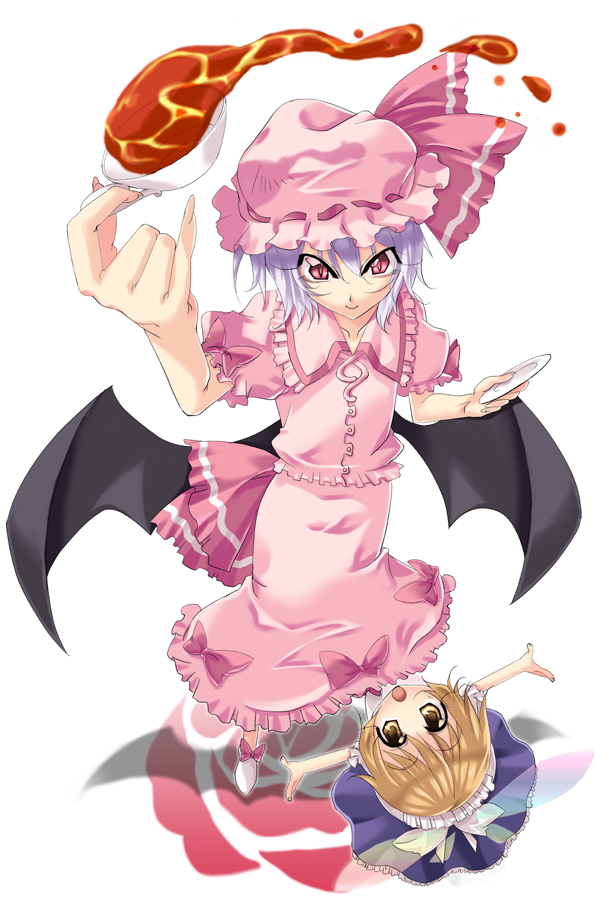 uemukai dai, fairy maid (touhou), remilia scarlet, touhou, bad id, bad pixiv id, 1girl, female focus, hat, pink hat, solo, tea, uemuki dai, wings
