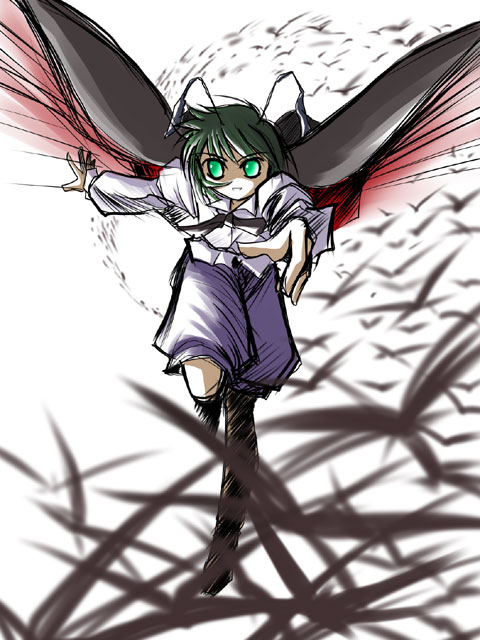 yuzukineko, wriggle nightbug, touhou, 1girl, antennae, cape, female focus, green eyes, green hair, matching hair/eyes, solo