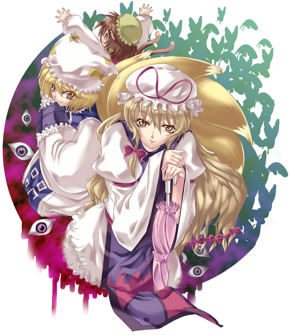 uemukai dai, chen, yakumo ran, yakumo yukari, touhou, bad id, bad pixiv id, 3girls, animal ears, animal hat, arms up, blonde hair, brown eyes, brown hair, bug, butterfly, cat ears, cat girl, cat tail, closed umbrella, earrings, female focus, gap (touhou), hair ribbon, hands in opposite sleeves, hat, insect, jewelry, long hair, long sleeves, mob cap, multiple girls, multiple tails, outstretched arms, ribbon, short hair, tail, uemuki dai, umbrella, wide sleeves, yellow eyes