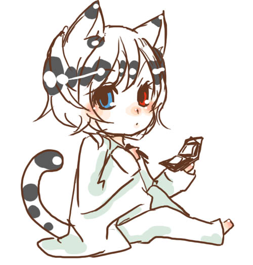 kaprice, original, 1girl, animal ears, female focus, handheld game console, heterochromia, nintendo ds, solo, tail