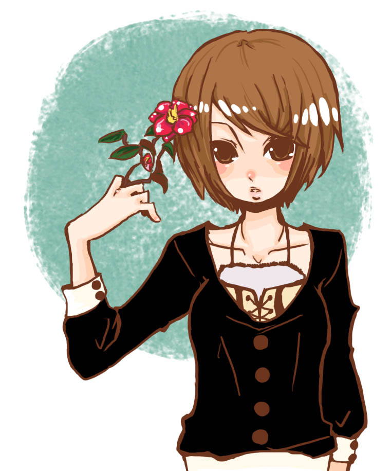 kaprice, gender request, tagme, androgynous, brown eyes, brown hair, flower, short hair