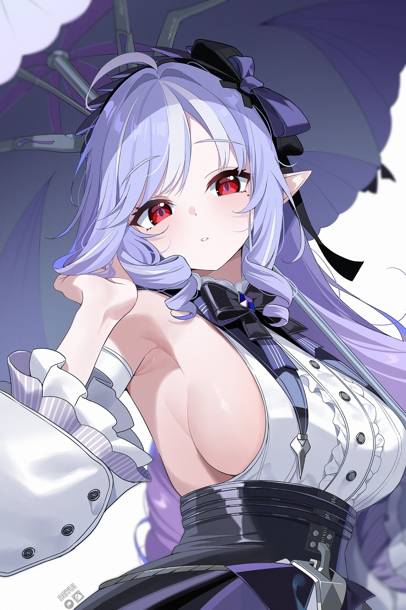 deyui, vivian banshee, zenless zone zero, commentary, highres, symbol-only commentary, 1girl, ahoge, armpits, black bow, black bowtie, black skirt, bow, bowtie, breasts, center frills, detached sleeves, drill hair, drill sidelocks, frilled sleeves, frills, hair bow, hand up, high-waist skirt, holding, holding umbrella, large breasts, long hair, long sleeves, looking at viewer, mole, mole under eye, parted lips, pointy ears, purple bow, purple bowtie, purple hair, purple umbrella, red eyes, shirt, shirt tucked in, sideboob, sideless shirt, sidelocks, simple background, skirt, sleeveless, sleeveless shirt, solo, swept bangs, umbrella, upper body, white background, white hair, white shirt