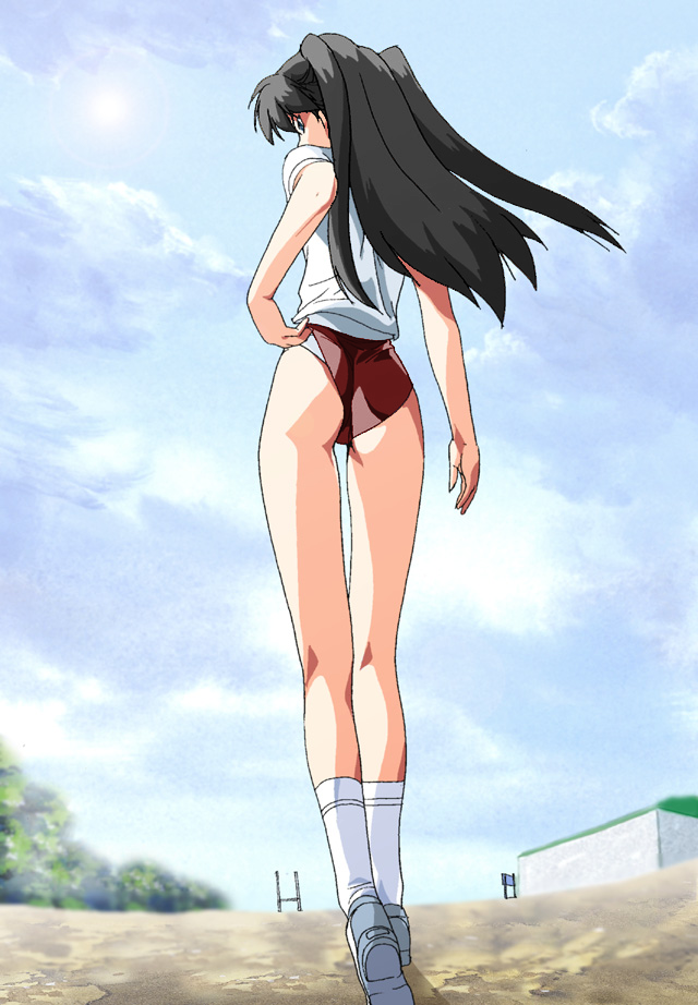 tohsaka rin, fate/stay night, fate (series), non-web source, 00s, 1girl, adjusting buruma, adjusting clothes, ass, black hair, buruma, female focus, gym uniform, kneepits, long hair, long legs, panties, solo, underwear