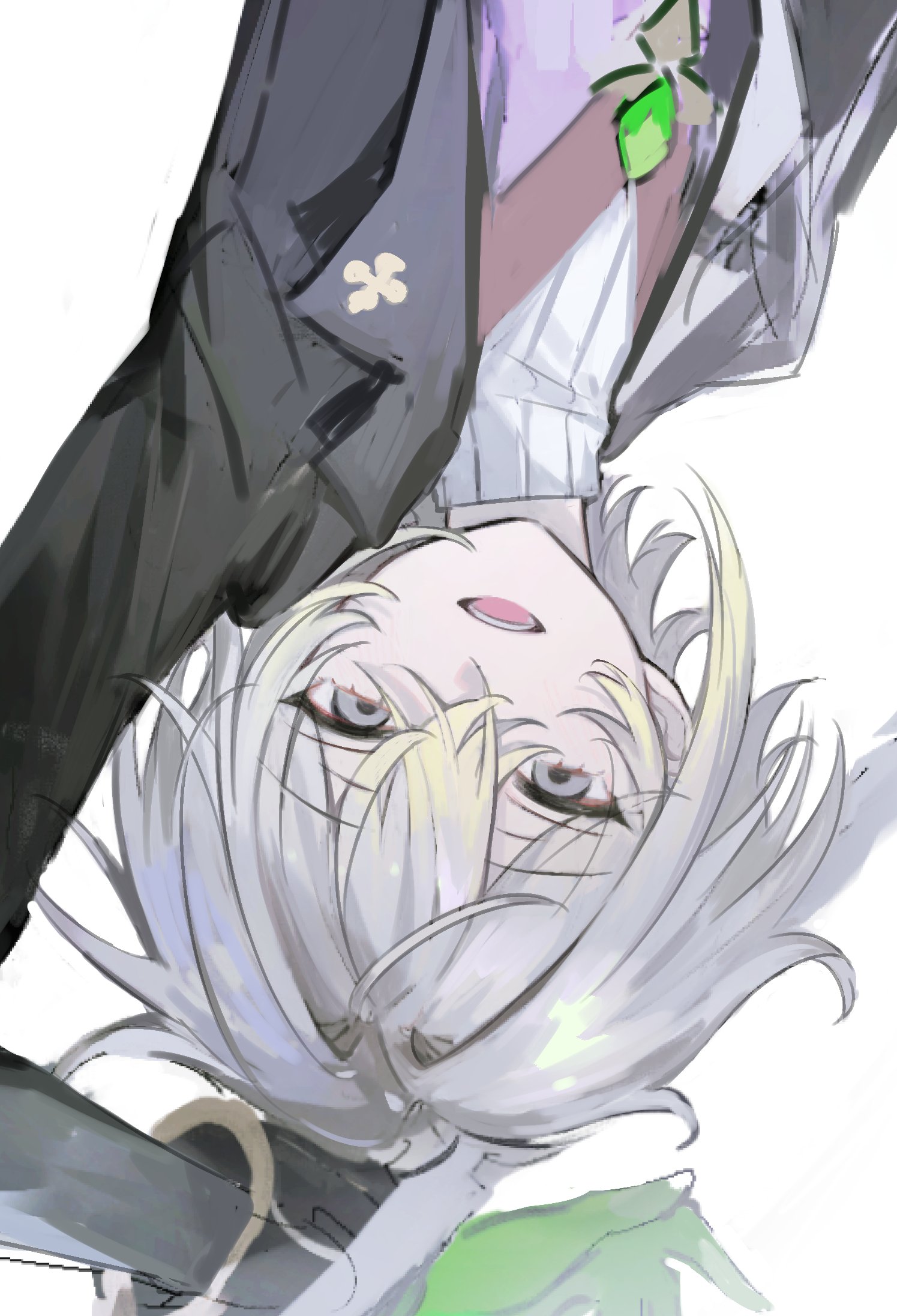 extraspiky, original, highres, 1boy, black jacket, blonde hair, gloves, grey eyes, grey hair, jacket, long sleeves, looking at viewer, male focus, multicolored hair, open mouth, shirt, short hair, simple background, sketch, smile, solo, streaked hair, sweater, upside-down, white background, white hair, white shirt