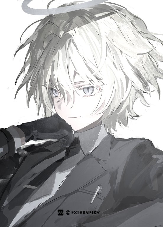 extraspiky, original, 1boy, black gloves, black jacket, black necktie, closed mouth, collared shirt, formal clothes, gloves, grey eyes, hair between eyes, halo, jacket, looking at viewer, male focus, necktie, shirt, short hair, simple background, solo, suit, twitter username, upper body, white background, white hair, white shirt