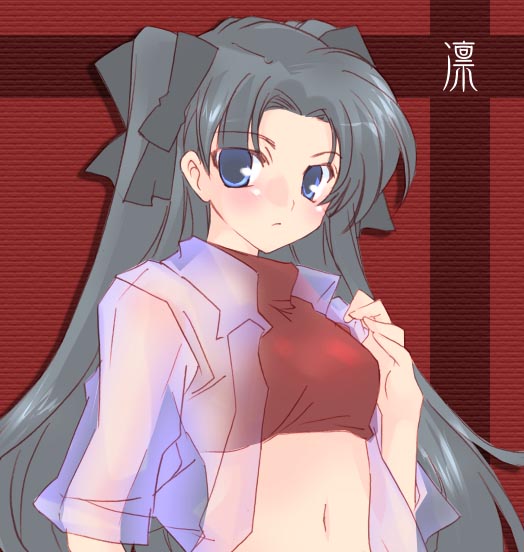 tohsaka rin, fate/stay night, fate (series), 00s, 1girl, female focus, navel, see-through clothes, see-through shirt, shirt, solo