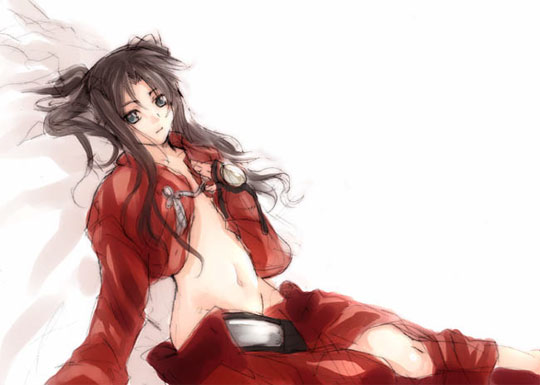 tohsaka rin, fate/stay night, fate (series), non-web source, 00s, 1girl, female focus, groin, midriff, no panties, solo