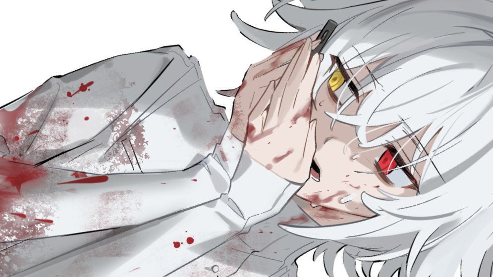 extraspiky, original, 1boy, blood, blood on clothes, blood on face, blood on hands, heterochromia, holding, holding phone, long sleeves, male focus, open mouth, phone, red eyes, shirt, short hair, simple background, solo, sweat, sweater, turtleneck, white background, white hair, white shirt, white sweater, yellow eyes
