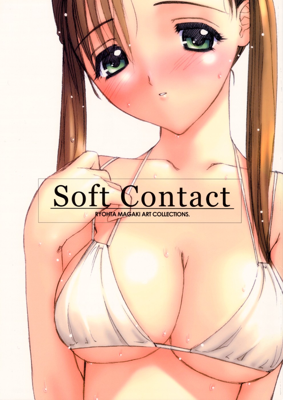 magaki ryouta, highres, bikini, blush, breasts, brown hair, green eyes, large breasts, solo, swimsuit, twintails, wet, white bikini