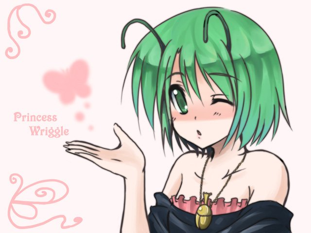 hirase yuu, princess wriggle, wriggle nightbug, touhou, 1girl, antennae, bare shoulders, female focus, green eyes, green hair, matching hair/eyes, one eye closed, short hair, solo, wink