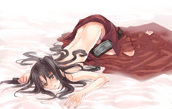 tohsaka rin, fate/stay night, fate (series), non-web source, 00s, 1girl, back, bed, black hair, butt crack, female focus, lying, solo, topless female