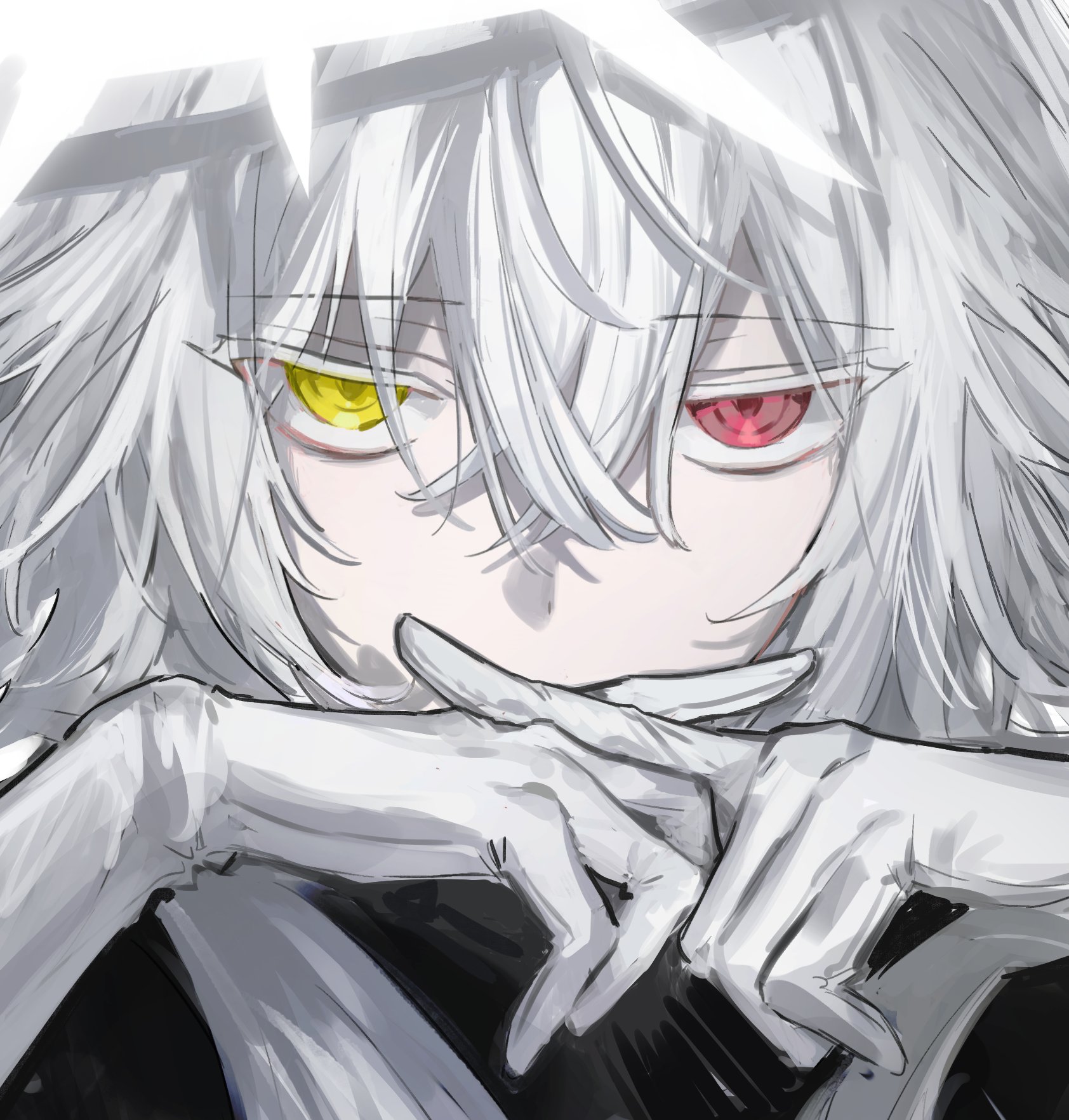 extraspiky, original, highres, 1boy, 1girl, gloves, hair between eyes, halo, heterochromia, looking at viewer, own hands together, red eyes, simple background, solo, white background, white gloves, white hair, yellow eyes