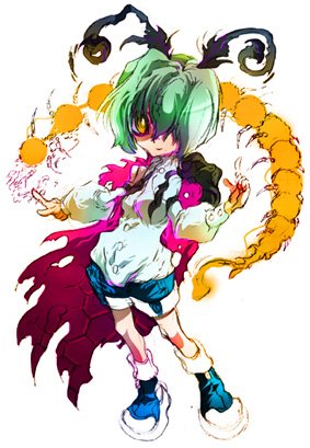mura kuroe, wriggle nightbug, touhou, bad id, bad pixiv id, lowres, 1girl, antennae, boots, breasts, cape, denim, female focus, full body, green hair, hair over one eye, shirt, short hair, shorts, simple background, solo, standing, white background, white shirt, yellow eyes