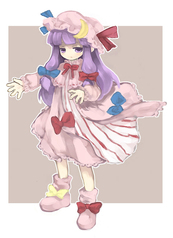 dadami, patchouli knowledge, touhou, bad id, bad pixiv id, 1girl, ankle boots, blue bow, boots, bow, crescent, crescent moon, dress, female focus, full body, hair bow, hat, long hair, long sleeves, looking at viewer, moon, multi-tied hair, no nose, pink dress, purple eyes, purple hair, red bow, shoes, solo, standing, very long hair