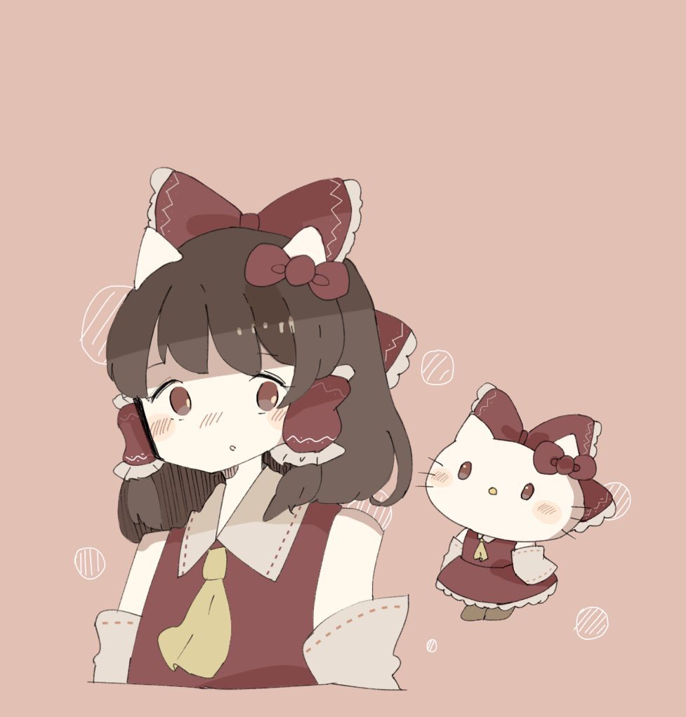 salt shol, hakurei reimu, hello kitty (character), hello kitty, sanrio, touhou, 1girl, animal ears, blush stickers, boots, bow, brown eyes, brown hair, cat ears, chibi, detached sleeves, hair bow, hair ribbon, japanese clothes, looking at another, miko, neckerchief, red bow, red shirt, red skirt, ribbon, shirt, simple background, skirt, yellow neckerchief