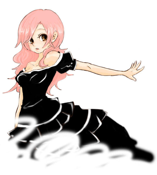kaprice, bad id, bad pixiv id, bare shoulders, brown eyes, dress, long hair, pink hair, solo