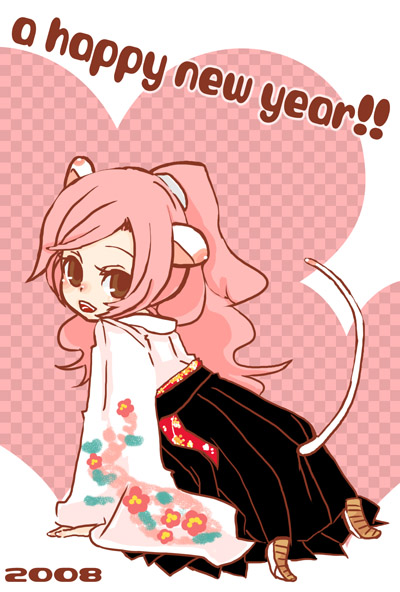 kaprice, 00s, 2008, animal ears, japanese clothes, kimono, long hair, mouse ears, mouse tail, new year, pink hair, ponytail, solo, tail