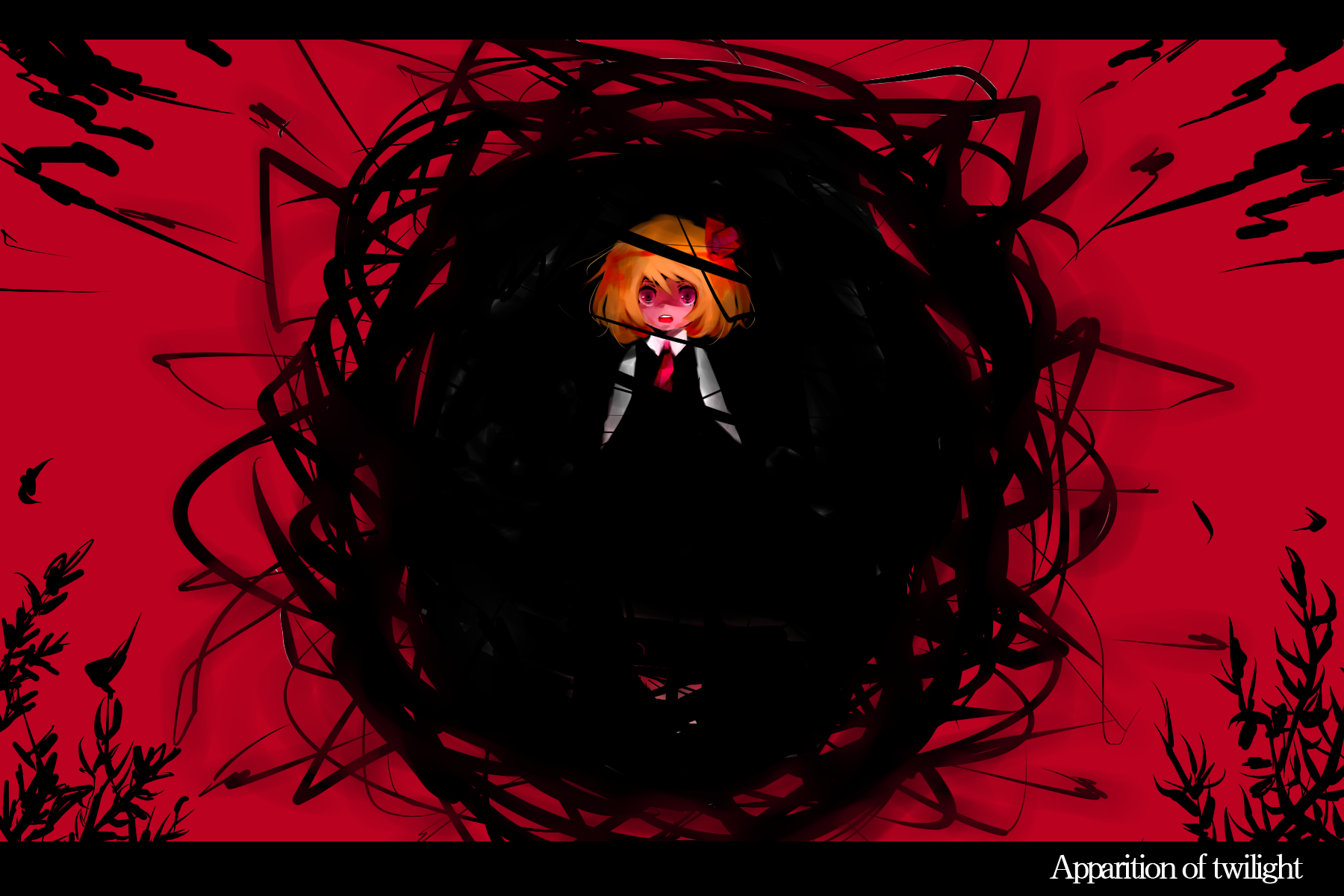 ichihaya, rumia, embodiment of scarlet devil, touhou, highres, 1girl, blonde hair, darkness, female focus, hair ribbon, red eyes, ribbon, short hair, solo