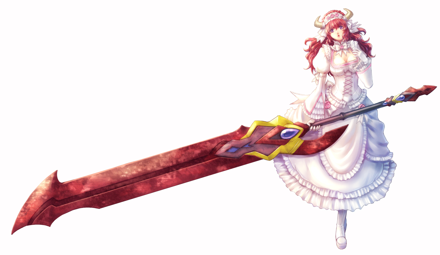 tatehama, original, 1girl, breasts, cleavage, dress, female focus, gloves, horns, large breasts, red hair, solo, sword, weapon