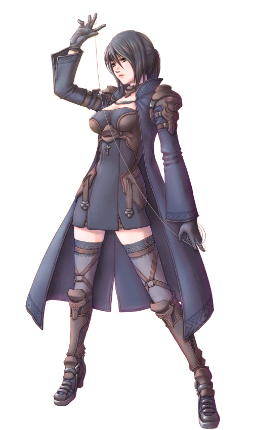 tatehama, original, pixiv, black hair, blue hair, boots, cape, gloves, long hair, solo, thighhighs, wire, zettai ryouiki