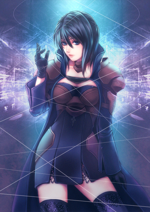 tatehama, original, artist request, black eyes, black hair, coat, dress, gloves, short hair, solo, thighhighs, wire
