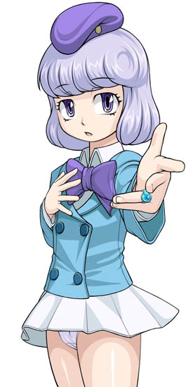 caryo, midori boushi, sannomiya shiho, zettai karen children, 00s, 1girl, female focus, hat, looking at viewer, panties, pantyshot, purple eyes, purple hair, short hair, simple background, skirt, solo, standing, underwear, white background, white panties