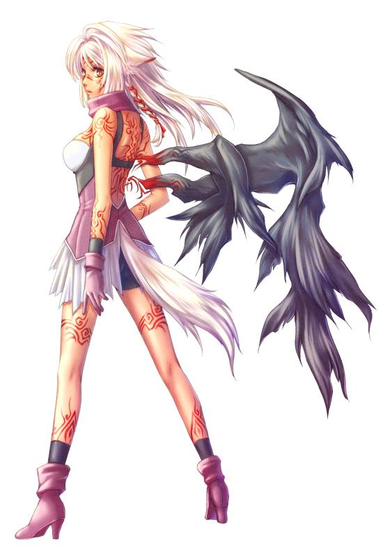 tatehama, animal ears, brown eyes, gloves, grey hair, solo, tattoo, wings