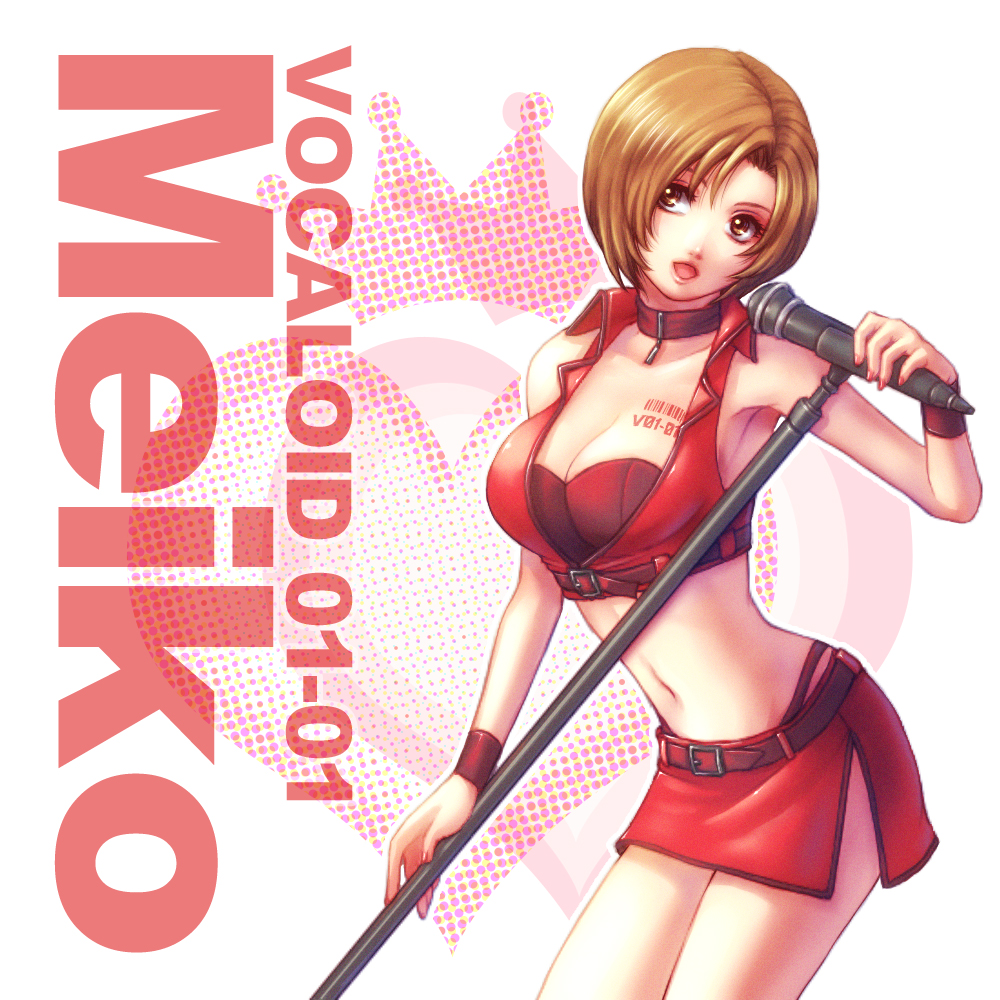 tatehama, meiko (vocaloid), vocaloid, 1girl, :d, armor, barcode, barcode tattoo, bra, breasts, brown eyes, brown hair, buckle, character name, cleavage, copyright name, cowboy shot, female focus, head tilt, large breasts, leaning forward, looking at viewer, microphone, microphone stand, miniskirt, nail polish, navel, open mouth, red bra, red nails, red skirt, red vest, side slit, skirt, smile, solo, standing, stomach, strapless, strapless bra, tattoo, underbust, underwear, vest, wristband