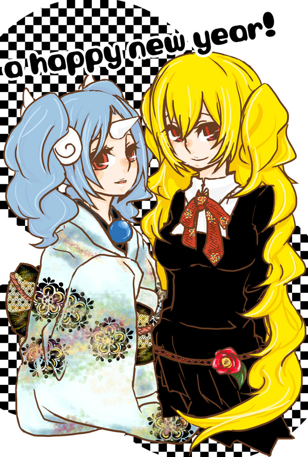 kaprice, original, 2girls, blonde hair, blue hair, horns, japanese clothes, kimono, long hair, multiple girls, new year, oni, red eyes, single horn