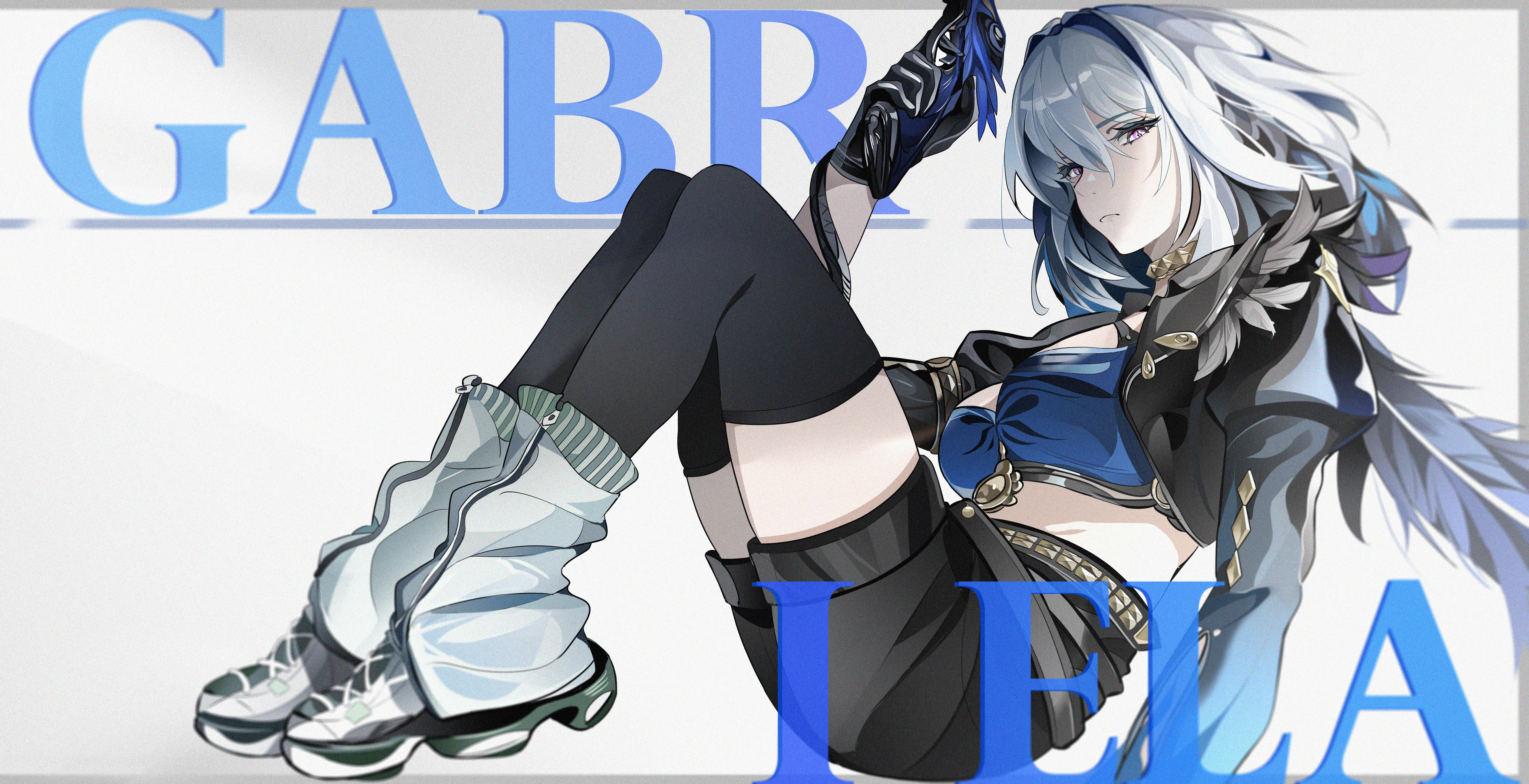 fley-lan, galbrena (wuthering waves), wuthering waves, zenless zone zero, absurdres, commentary request, highres, 1girl, adapted costume, black gloves, black jacket, black shorts, black thighhighs, blue bra, bra, character name, closed mouth, cropped jacket, from side, gloves, grey hair, gun, hair between eyes, holding, holding gun, holding weapon, jacket, looking at viewer, looking to the side, medium hair, midriff, mindscape cinema (zenless zone zero), purple eyes, shorts, sitting, solo, thighhighs, thighs, underwear, weapon