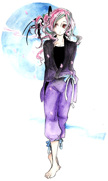 kaprice, bad id, bad pixiv id, barefoot, feet, flat chest, long hair, pink hair, solo