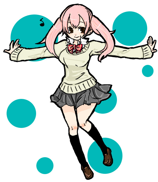 kaprice, original, bad id, bad pixiv id, 1girl, female focus, musical note, pink hair, quaver, skirt, socks, solo, twintails