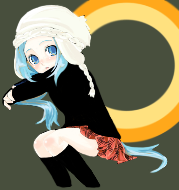 kaprice, tagme, blue eyes, blue hair, hood, long hair, socks, solo